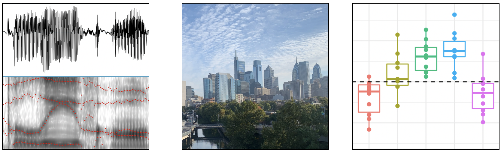 Three images in boxes: A spectrogram, the skyline of Philadelphia, and an unlabeled set of boxplots.